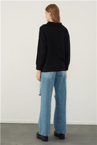 Siyah Polo Yaka Örgü Triko Kazak