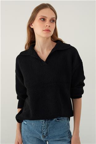 Siyah Polo Yaka Örgü Triko Kazak
