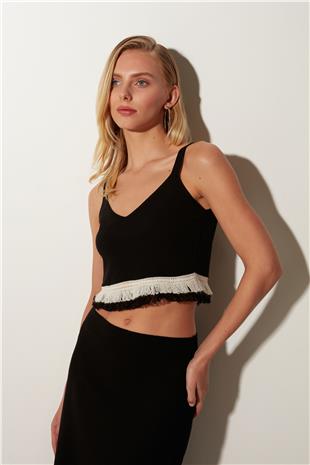 Black Tasseled Bustier Skirt Knitwear Set SWTK4680-81Sİ