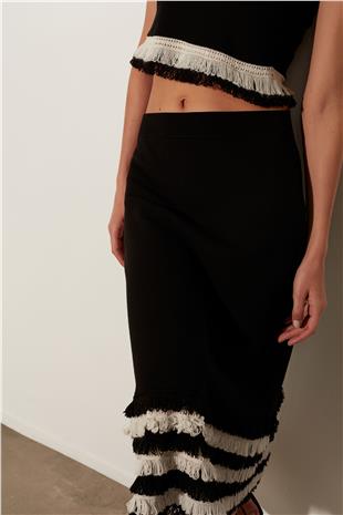 Black Tasseled Bustier Skirt Knitwear Set SWTK4680-81Sİ