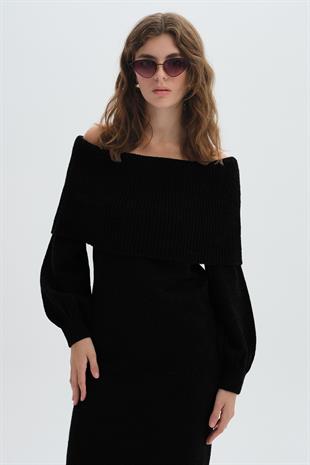 Siyah Şal Yaka Uzun Triko Elbise