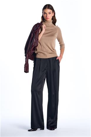 Siyah Saten Geniş Paça Pantolon