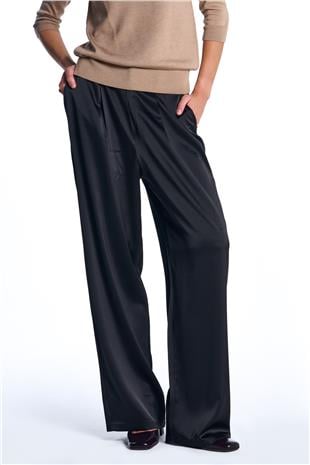 Siyah Saten Geniş Paça Pantolon