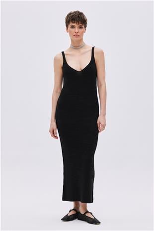 Black Lurex V Neck Knitwear Dress