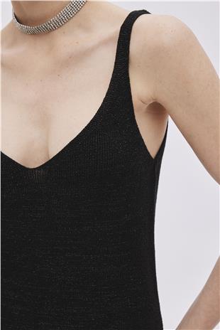 Black Lurex V Neck Knitwear Dress