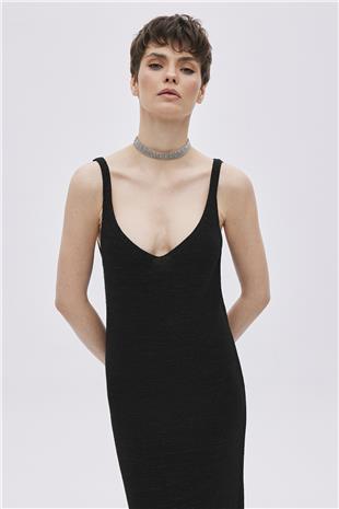 Black Lurex V Neck Knitwear Dress