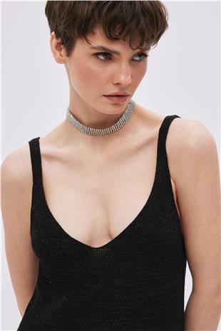 Black Lurex V Neck Knitwear Dress