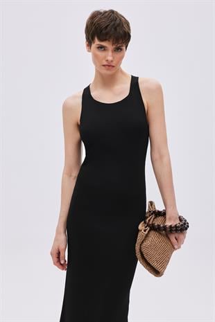Black Open Back Midi Knitwear Dress