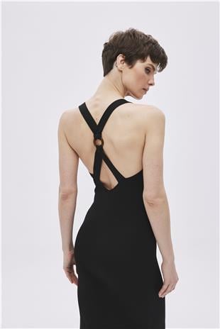 Black Open Back Midi Knitwear Dress