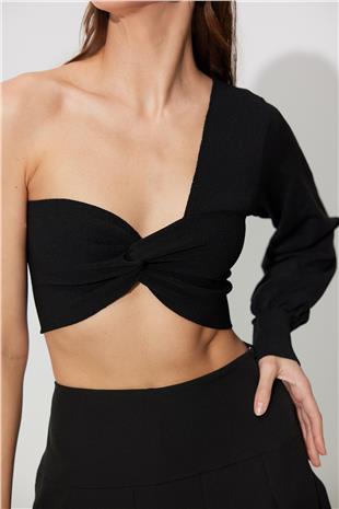 Black One Shoulder Balloon Sleeve Crop SWK4605Sİ