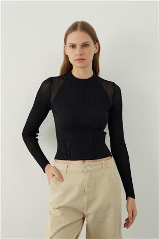 Ribbed knit blouse with transparent sleeves