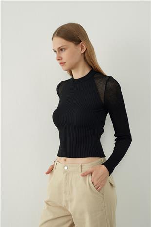 Ribbed knit blouse with transparent sleeves