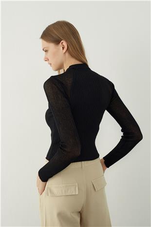 Ribbed knit blouse with transparent sleeves