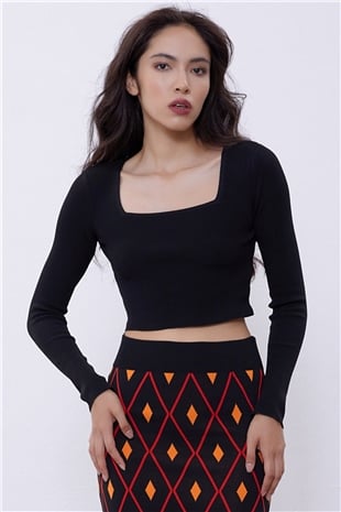 Black Long Sleeve Crop Knit Swater SWK4500Sİ