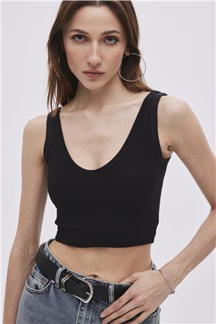 Black V Neck Crop Singlet