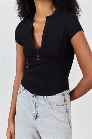 Siyah V Yaka Kısa Kollu Bluz
