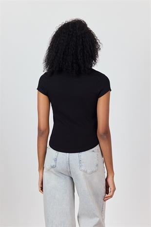 Siyah V Yaka Kısa Kollu Bluz