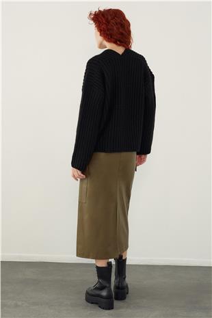 Black V Neck Oversize Knitted Sweater SW23K4715Sİ