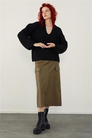 Black V Neck Oversize Knitted Sweater SW23K4715Sİ