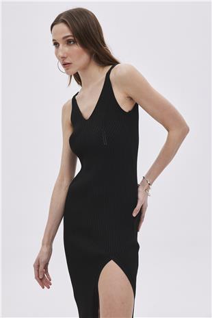 Black V Neck Knitwear Dress