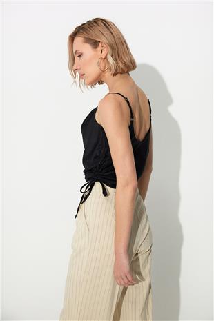 Black Strappy Bustier with Pleated Sides SS23CT4735Sİ