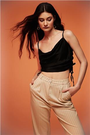 Black Strappy Bustier with Pleated Sides SS23CT4735Sİ