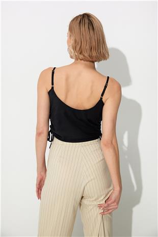 Black Strappy Bustier with Pleated Sides SS23CT4735Sİ