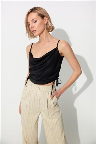 Black Strappy Bustier with Pleated Sides SS23CT4735Sİ
