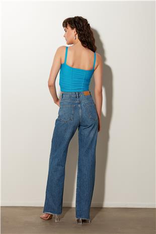 Turquois Pleated Square Collar Knitwear Vest SWA4641TUR