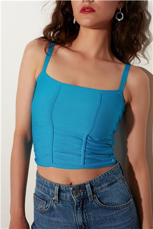 Turquois Pleated Square Collar Knitwear Vest SWA4641TUR