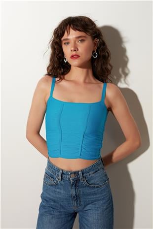 Turquois Pleated Square Collar Knitwear Vest SWA4641TUR