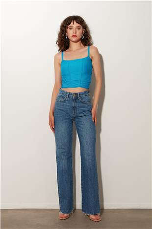 Turquois Pleated Square Collar Knitwear Vest SWA4641TUR