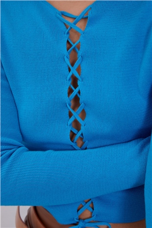 Turquoise Brit Detailed Long Sleeve Knit Sweater SWK4507TUR 