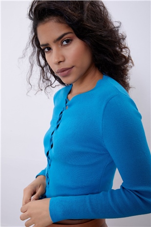 Turquoise Brit Detailed Long Sleeve Knit Sweater SWK4507TUR 