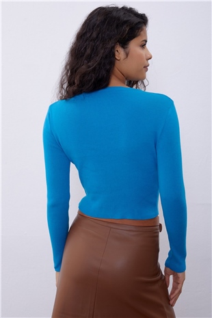 Turquoise Brit Detailed Long Sleeve Knit Sweater SWK4507TUR 