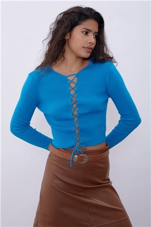 Turquoise Brit Detailed Long Sleeve Knit Sweater SWK4507TUR 