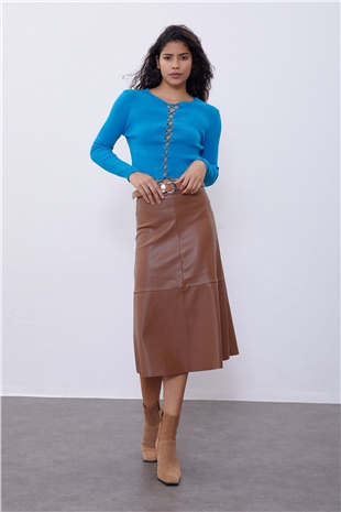 Turquoise Brit Detailed Long Sleeve Knit Sweater SWK4507TUR 