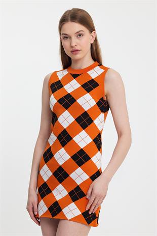 Orange Argyle Sleeveles Knitwear Dress
