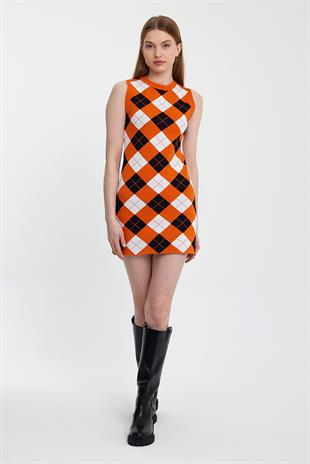 Orange Argyle Sleeveles Knitwear Dress