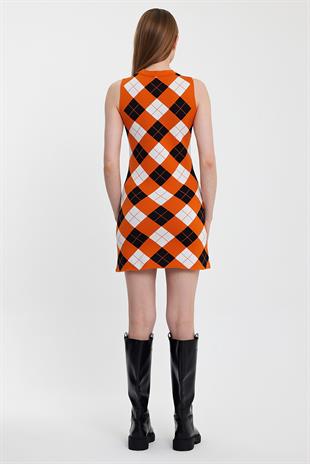 Orange Argyle Sleeveles Knitwear Dress