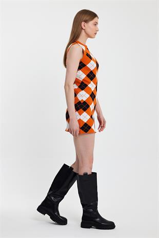 Orange Argyle Sleeveles Knitwear Dress