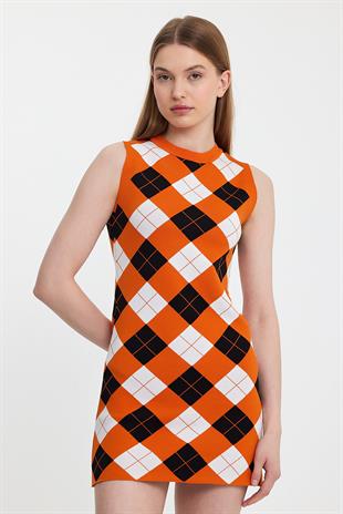 Orange Argyle Sleeveles Knitwear Dress