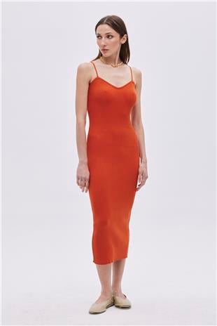 Orange Cotton Midi Knitwear Dress