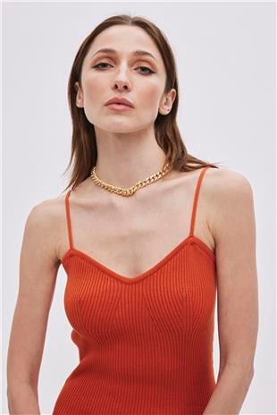 Orange Cotton Midi Knitwear Dress