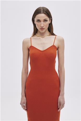Orange Cotton Midi Knitwear Dress