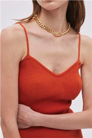 Orange Cotton Midi Knitwear Dress