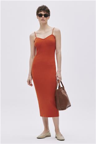 Orange Cotton Chain Strap Midi Knitwear Dress
