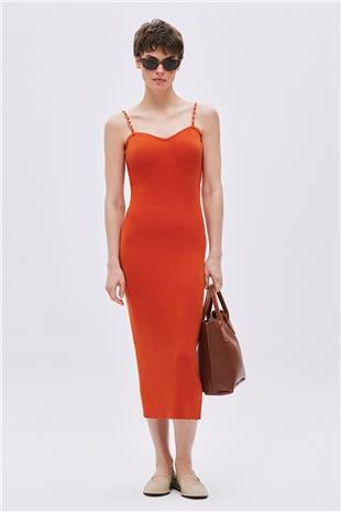 Orange Cotton Chain Strap Midi Knitwear Dress