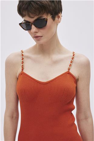 Orange Cotton Chain Strap Midi Knitwear Dress