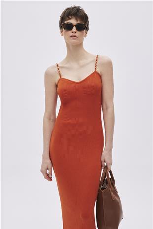 Orange Cotton Chain Strap Midi Knitwear Dress